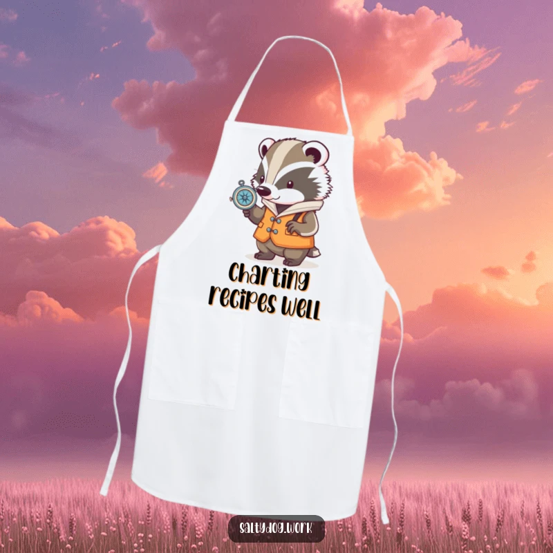 Funny badger apron, wearing a nautical vest, checking a compass, a cute and functional accessory for kitchen adventures.