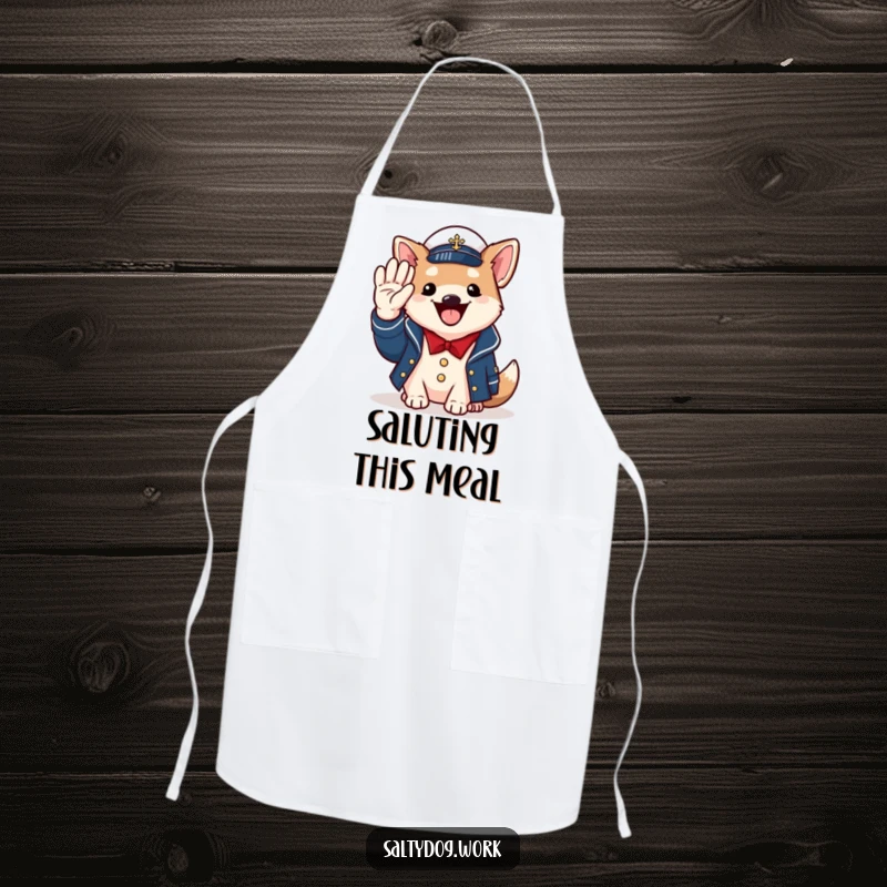 Funny naval dog apron, cheerful dog in jacket, saluting with paw, patriotic kitchen wear.
