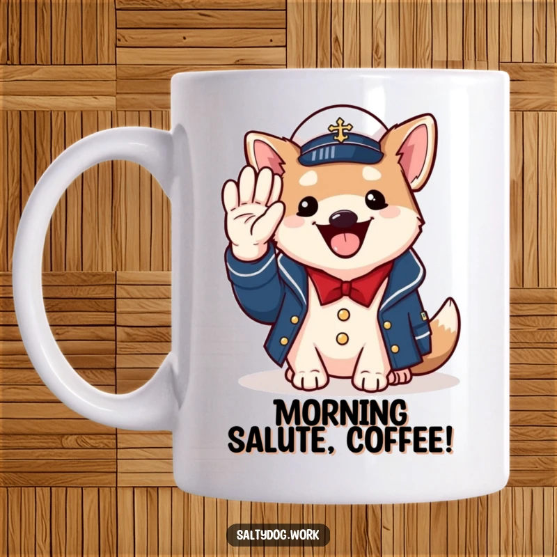 Funny naval dog mug, cheerful dog in jacket saluting with paw, happy military canine.