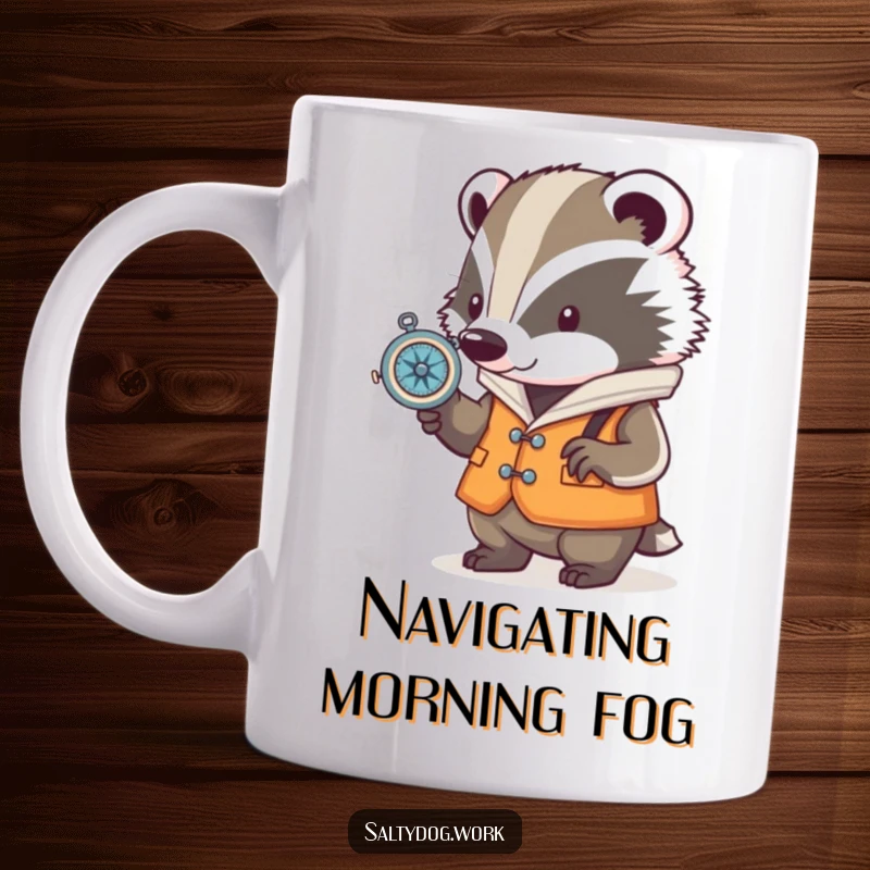 Funny determined badger wearing a nautical vest, intently checking a small compass, embodying the spirit of adventure and exploration.