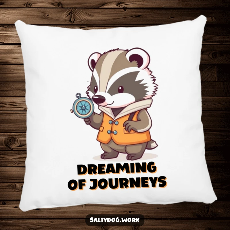 Funny badger pillow, wearing a nautical vest, checking a compass, providing cozy comfort with a nautical theme.