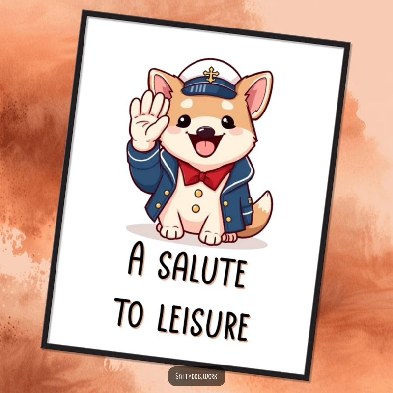 Funny naval dog digital art print, cheerful dog in jacket, saluting with paw, patriotic illustration.