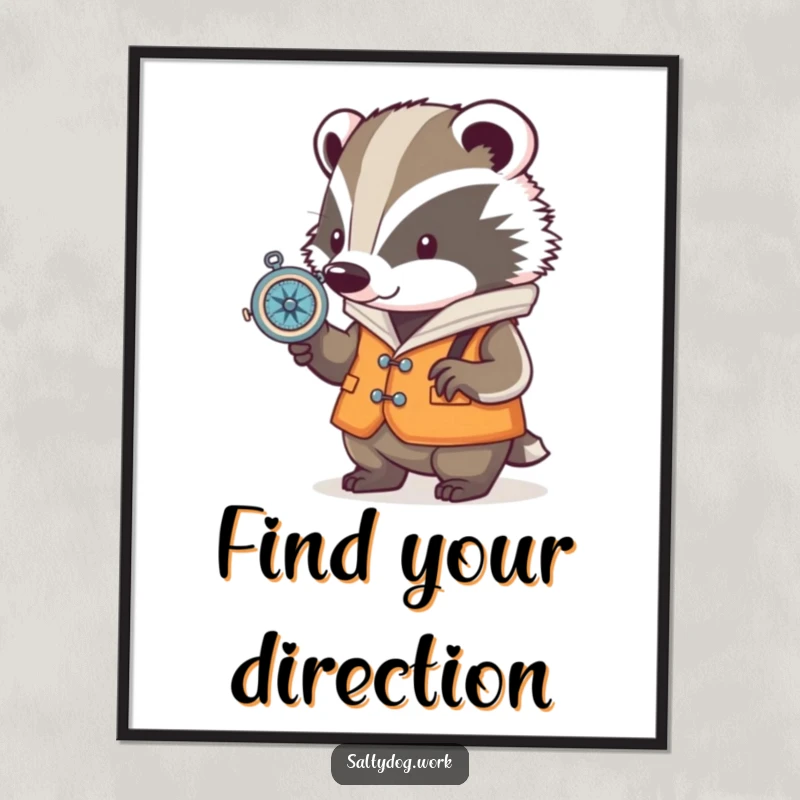 Funny badger poster, a determined character in a nautical vest, intently checking a compass, a piece of motivational wall art.