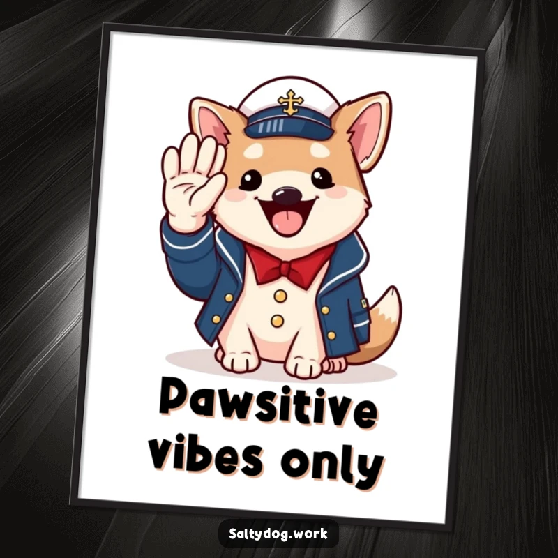 Funny naval dog poster, cheerful dog in jacket, saluting with paw, proud military artwork.