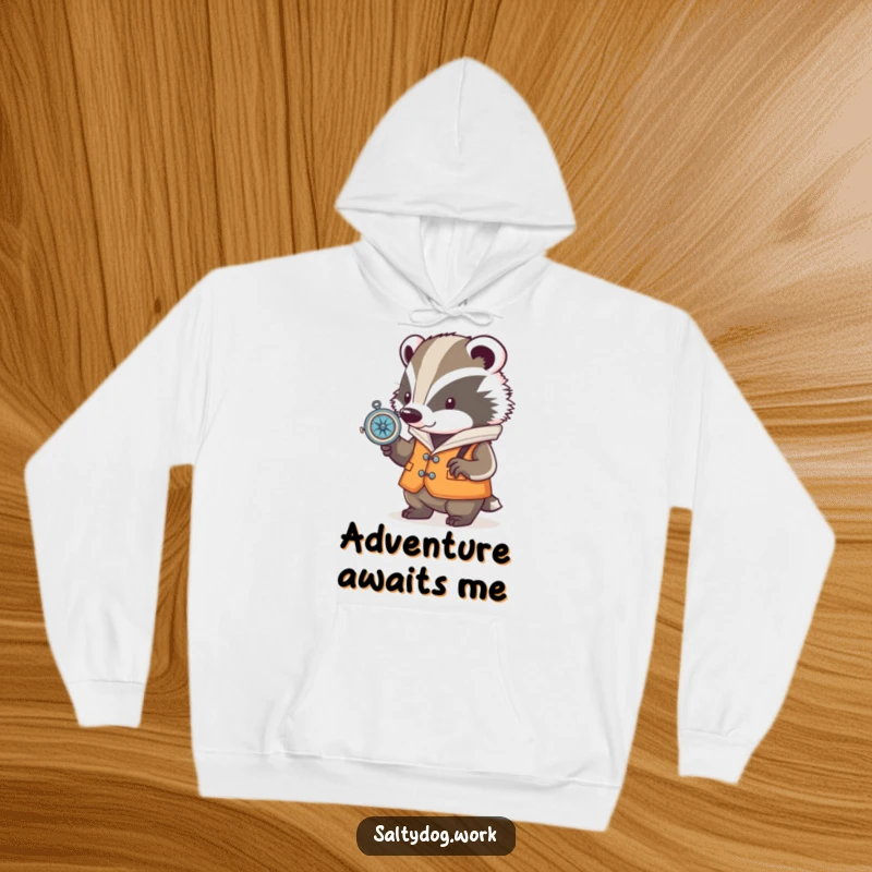 Funny badger hoodie, a determined character in a nautical vest, consulting a small compass, perfect for cozy adventuring.