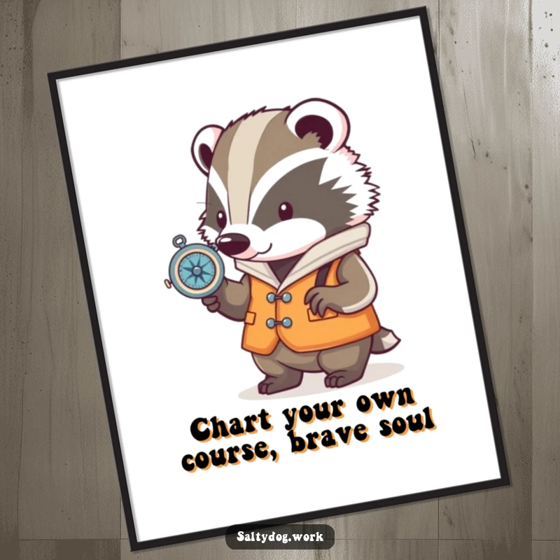 Funny Free Printable Wall Art: A determined badger in a nautical vest checks a small compass.
