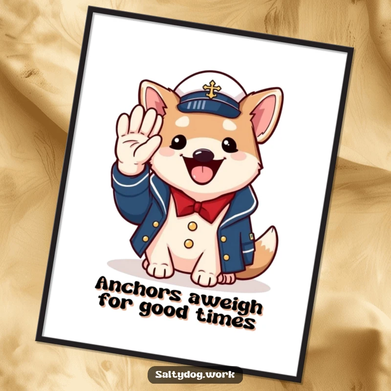 Funny Free Printable Wall Art: Cheerful dog wearing naval jacket salutes with paw, maritime theme.