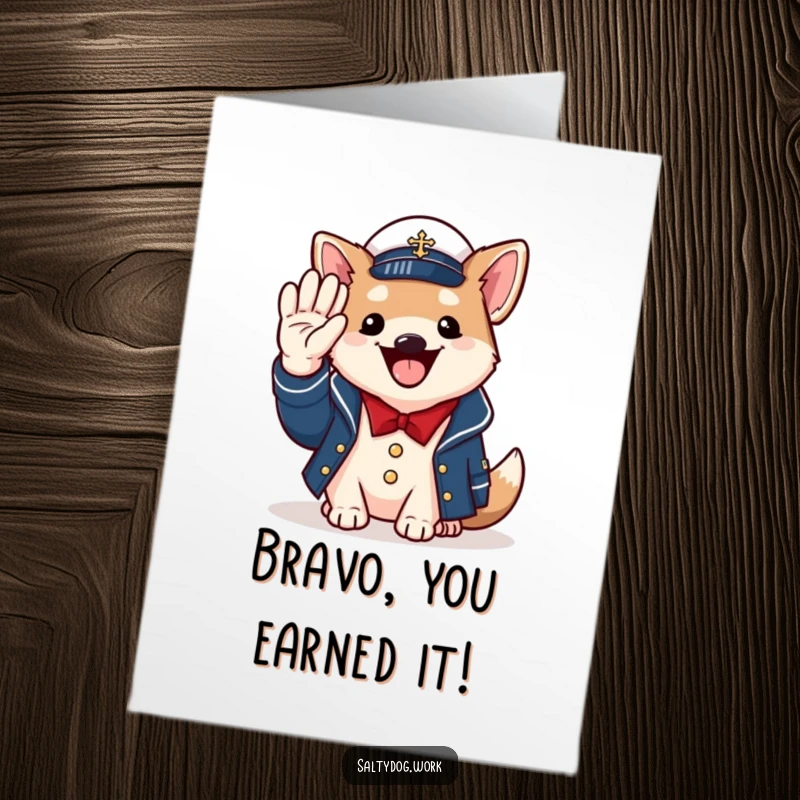 Funny Free Printable Congratulations Card: Dog in naval jacket salutes with paw, proud look.