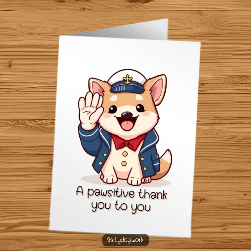 Funny Free Printable Thank You Card: Cheerful dog in naval jacket salutes, friendly demeanor.