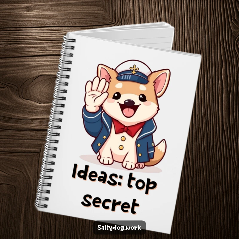 Funny naval dog notebook, cheerful dog in jacket, saluting with paw, patriotic and practical stationery.