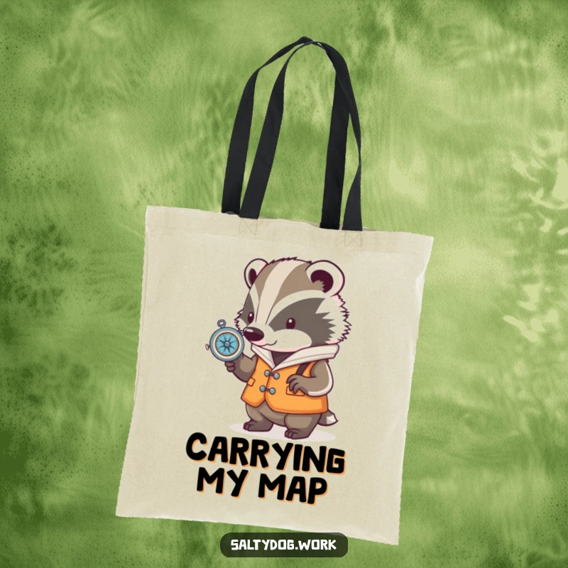 Funny badger tote bag, wearing a nautical vest, checking a compass, a cute and practical accessory for carrying adventure gear.