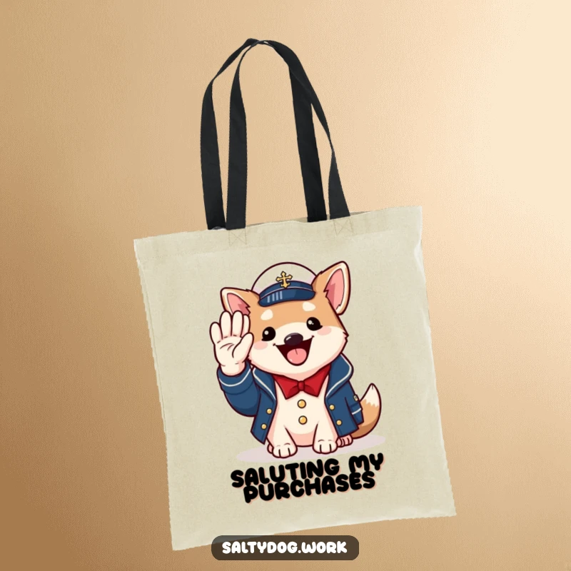 Funny naval dog tote bag, cheerful dog in jacket, saluting with paw, patriotic and practical.